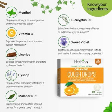Herbion Naturals Cough Drops With Orange Flavor Sugar With Stevia Soothes Cough For Adults And Children Over 6 Years 18 Drops