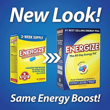 Energize Caffeine Pills - Fast Acting Energy Pill - Healthy Focus Brain Supplement - Improved Performance, Alertness, And Clarity - All Day Energy, No Jitters, No Crash - 28 Time Released Tablets