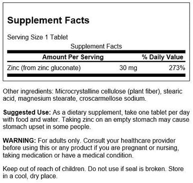 Swanson Zinc Gluconate - Mineral Supplement Promoting Prostate Health Vision Health & Immune Support -Gluconate Form for Optimal Absorption - (250 Tablets 30mg Each)
