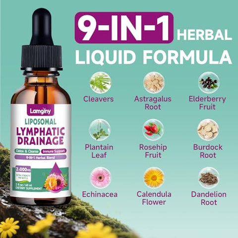 Lamginy Liposomal Lymphatic Drainage Drops 9-In-1 Lymphatic Drainage Supplements For Detox & Cleanse With Echinacea Dandelion Elderberry Burdock Root & Cleavers Immune & Lymph System Support 2 Fl Oz
