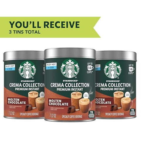 Starbucks Crema Collection Premium Instant Molten Chocolate Flavored Instant Coffee, 100% Arabica Beans, 3 Tins (7.12 Oz Each) 1.34 lb.