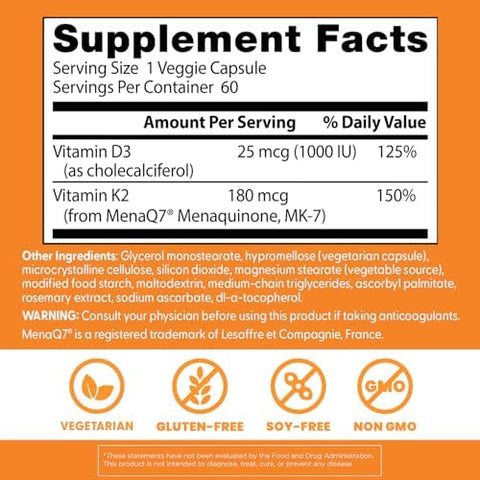 DoctorS Best Natural Vitamin K2 Mk7 Plus D3 Vit D3 And K2 Mk7 Supplement For Men and Women Supports Tissue Artery and Bone Health NonGmo Gluten Soy Vegetarian 60 Veg Caps