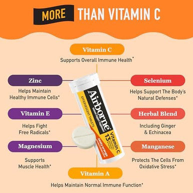Airborne 1000Mg Vitamin C With Zinc Effervescent Tablets Immune Support Supplement With Powerful Antioxidants Vitamins A C & E 20 Fizzy Drink Tablets Zesty Orange Flavor