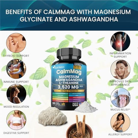 Best Magnesium Glycinate with Ashwagandha and LTheanine 14 in 1 Supplement 60 Capsules 3 Bottle