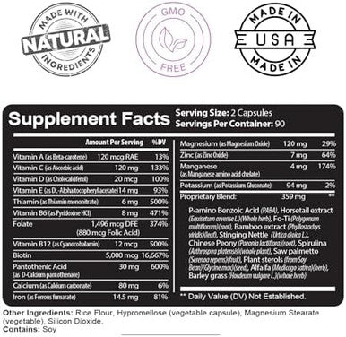 Kaya Naturals Hair Skin Nail Capsules BIOTIN Vitamin D Vitamin B-12 A Folic Acid Support Hair Support Vitamin Supplement