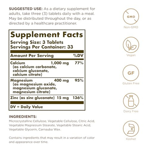 Solgar Calcium Magnesium Plus Zinc 100 Tablets (Pack Of 3) - Promotes Healthy Bones And Teeth - Supports Nerve & Muscle Function - Non-Gmo Vegan Gluten Free Dairy Free Kosher 100 Total Servings