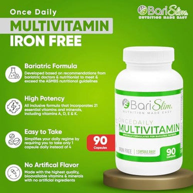 Barislim Once Daily Bariatric Multivitamin Capsule - Iron- Formula - Bariatric Vitamin And Supplement For Post Surgery, Including Gastric Bypass And Gastric Sleeve 90-Day Supply