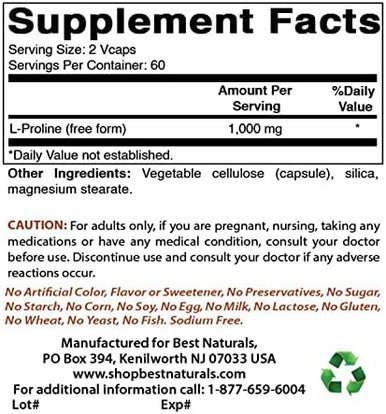 Best Naturals Lproline Amino Acid Dietary Supplement 500 Mg 120 Count (817716014456)
