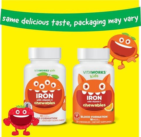 Vitaworks Kids Iron 10Mg With Vitamin C 50Mg Chewable Tablets Tasty Natural Flavored Vegan Vegetarian Gmo Nut Dietary Iron Supplement Blood Formation For Children 120 Chewables