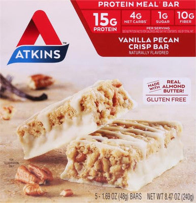 Atkins Vanilla Pecan Crisp Protein Meal Bar High Fiber 1G Sugar 4G Net Carb Meal Keto Friendly 5 Count