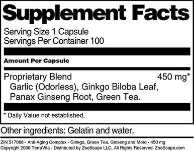 Terravita Anti-Aging Complex - Ginkgo, Green Tea, Ginseng And More - 450 Mg (100 Capsules, Zin: 517066) - 2 Pack