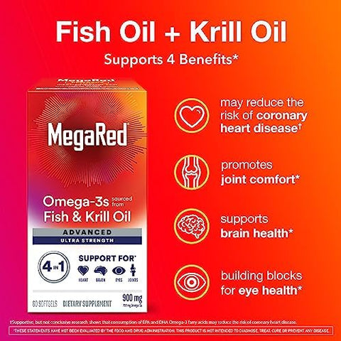 Megared Omega3 Fish & Krill Oil Supplement 900Mg Megared Advanced 4In1 60 Softgels 2X More Omega3 Heart Joint Brain And Eye Supplement Red 60 Count