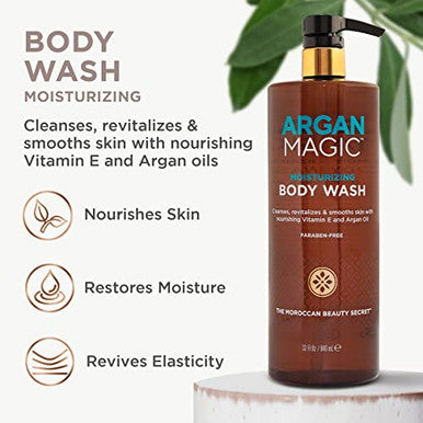 Argan Magic Cleansing Body Wash - Gently Cleanses Revitalizes & Smooths Skin Enriched With Argan Oil Sweet Almond Oil & Vitamin E Made In Usa Paraben Cruelty (32 Oz / 946 Ml)