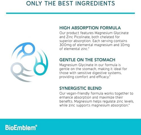 BioEmblem Triple Magnesium Complex and Magnesium glycinate with Zinc for Brain Health Enzyme Function and Muscles and Legs