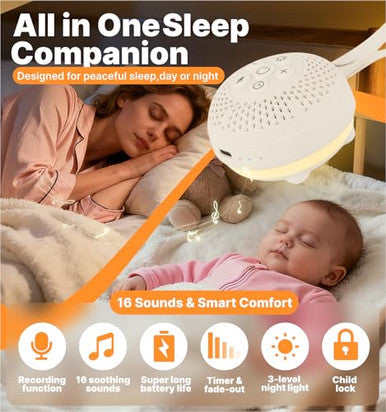 Hmusic Portable White Noise Machine With Voice Recording - 16 Soothing Sounds Sleep Machine 20-60H Battery 3-Level Night Light | 3 Timers Sleep Aid For Adults & Babies