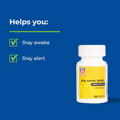 Rite Aid Stay Awake Tablets Caffeine, 200 Mg - 100 Tablets | Caffeine Pills | Caffeine Supplement | Caffeine Pills 200Mg | Equal