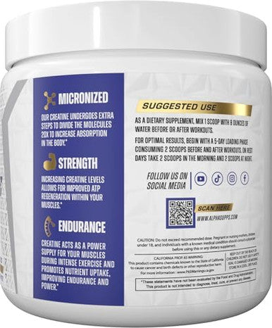 Alpha Creatine Monohydrate Powder Supports Muscle Growth Micronized Unflavored 300 Grams - 60 Servings
