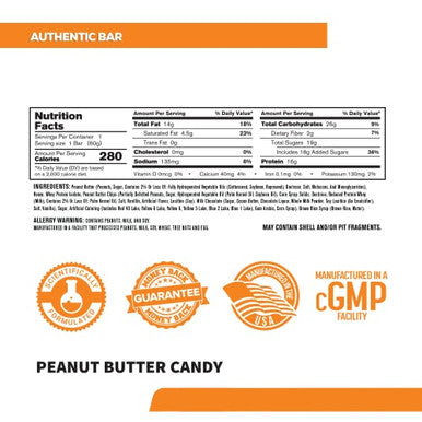 Authentic Bar Peanut Butter Candy Protein Bars Tasty Meal Replacement Energy Bars w/ 16g Whey Protein Isolate Natural Sugars from Pure Honey Healthy Fat Peanut Butter Foundation 12 Pack