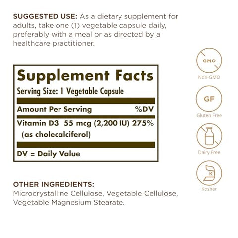 Solgar Vitamin D3 (Cholecalciferol) 55 Mcg (2200 Iu) 50 Vegetable Capsules - Helps Maintain Healthy Bones & Teeth - Immune System Support - Non-Gmo Gluten Free Dairy Free Kosher 50 Servings