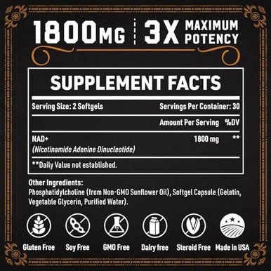 1800 Mg Liposomal Nad Supplement, Nad+ Supplement Similar To Nicotinamide Riboside, 98% Pure Nad Plus Supplement For Energy Booster & Cellular Repair For Men & Women, Non-Gmo, 60 Softgels