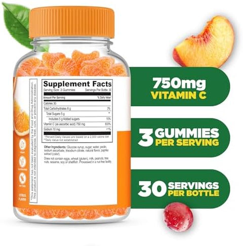 Lifeable Vitamin C Gummies for Adults 750mg Great Tasting Orange Flavor VIT C Vegan Non GMO Vitamin C Chewable for Immune Support 90 Gummies