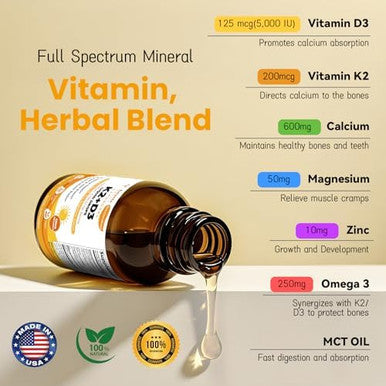 Totaria Liposomal Liquid Vitamin D3 K2 Supplement Drops With Mct Oil, Omega 3 - (5000 Iu) D3 + (200 Mcg) K2 Bone Strength With Calcium Magnesium Zinc Support Teeth, Bones, Vitamin D, Non-Gmo