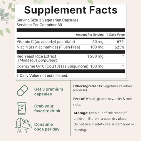 Micro Ingredients Red Yeast Rice With Coq10 1200Mg 240 Veggie Capsules Cholesterol Support & Heart Health Supplements 4-In-1 With Flush Free Niacin & Fat Soluble Vitamin C Filler Free Non-Gmo