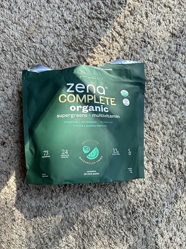 Zena Complete Organic Super Greens Powder and Multivitamin 90+ Supergreens Fruits Veggies Pre and Probiotics Watermelon Citrus Flavor 30 Packets + Water Bottle