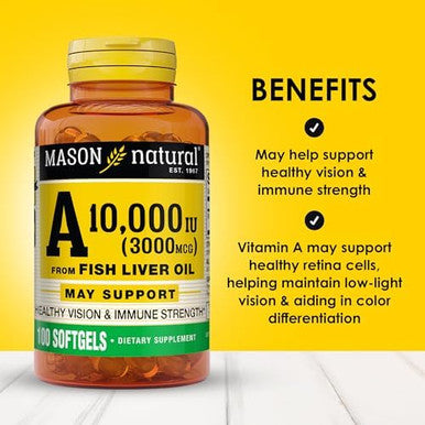 Mason Natural Vitamin A 3000 Mcg (10000 Iu) From Fish Liver Oil Supports Vision & Immune Health 100 Softgels Pack Of 3