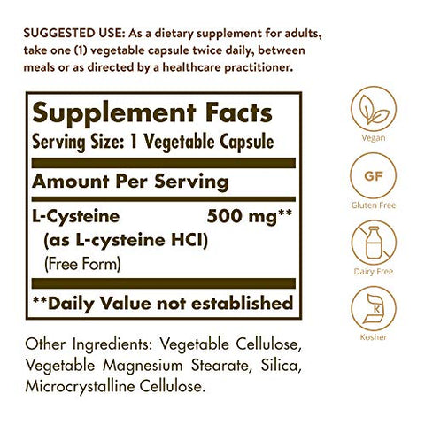 Solgar L-Cysteine 500 Mg 90 Vegetable Capsules - Free Form Amino Acid - Keratin Support For Skin Hair & Nails - Glutathione Support - Vegan Gluten Free Dairy Free Kosher 90 Servings