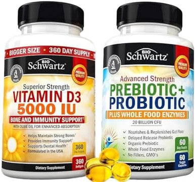 Bioschwartz High Strength Vitamin D3 5000 Iu 125 Mcg (1 Year Supply) Plus Advanced Strength Pre And Probiotics Supplement With Digestive Enzymes (1 Month Supply)