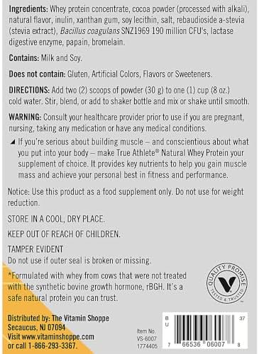 True Athlete Natural Whey Protein - Chocolate 20G Of Protein Per Serving - Probiotics For Digestive Health Hormone (2.5 Pound Powder)