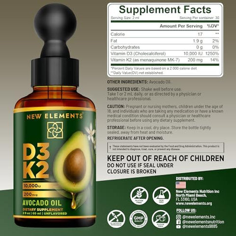Elements Liquid Vitamin D3 + K2 (Mk-7) Drops 10000 Iu High Absorption For Bone & Immune Support Non-Gmo Avocado Oil Base Promotes Strong Bones Heart & Immune Health 2 Fl Oz (60 Ml)