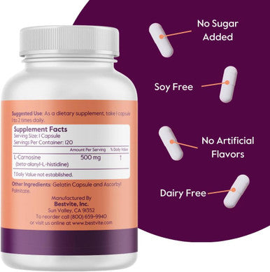 Bestvite L-Carnosine 500mg (120 Capsules) No Fillers - No Stearates - Non GMO - Gluten