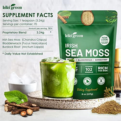 KIKI Green Irish Sea Moss Powder 8 Oz with Bladderwrack Burdock Root Extract for Immune Support Keto Vegan Supplement