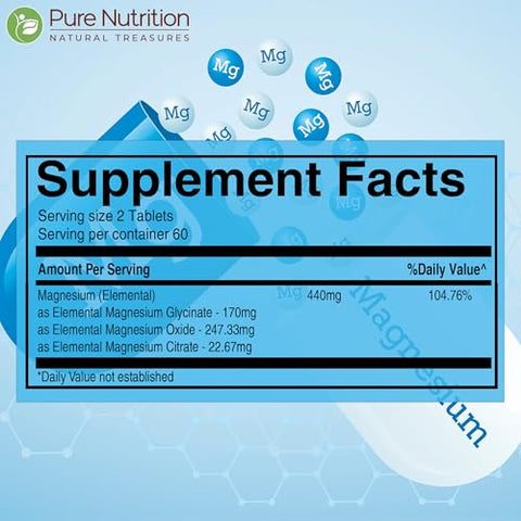 Pure Nutrition Chelated Magnesium Complex 440Mg Elemental Magnesium Per Serving 120 Tabs 3 Forms Of Magnesium Glycinate Magnesium Oxide And Magnesium Citrate