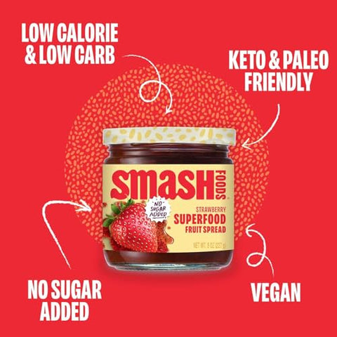 Smash Foods Strawberry Superfood Fruit Spread, No Sugar Added, Keto Jam with Chia Seeds, Vegan, Low-Calorie, 17.5 oz