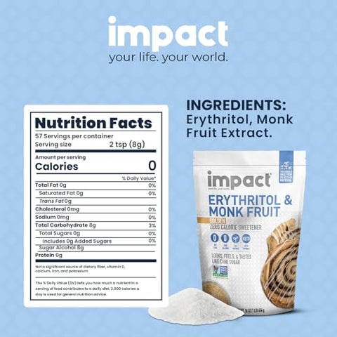 Impact - Golden Erythritol & Monk Fruit - Zero Calorie Sweetener, Sugar-Free, Non-GMO, Net Carb Free, Zero Glycemic, Baking Use - 1lb Resealable Bag