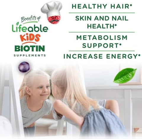 Lifeable Kids Biotin Gummies 5000mcg Great Tasting Natural Flavor Biotin Supplement Vegan Non GMO Hair Gummies for Hair Skin and Nails 90 Gummies