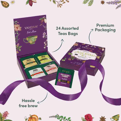 Vahdam Assorted Tea Set Variety Pack | 24 Different Flavour Individually Wrapped Pyramid Tea Bags | Herbal tea Green Tea Chai Tea