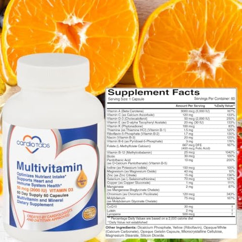 Cardiotabs Multivitamin Heart And Immunity Supplements For Men & Women Multivitamin For Men & Women With Minerals Bvitamin Complex Vitamins A C E K And 2000 Iu Vitamin D3 60Count Bottle