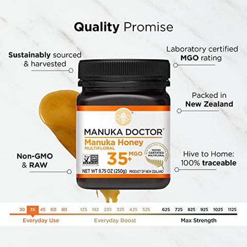 Manuka Doctor - MGO 35+ Manuka Honey Multifloral, 100% Pure New Zealand Honey. Certified. Guaranteed. Raw. Non-GMO (8.75oz)