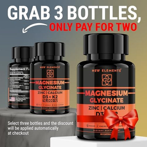 Elements Magnesium Glycinate 1500Mg With Vitamin D3 K2 + Zinc & Calcium D3 10000 Iu K2 200Mcg Calcium 50Mg Zinc 50Mg Bone Muscle & Immune Support For Women & Men - Vegan - Non-Gmo