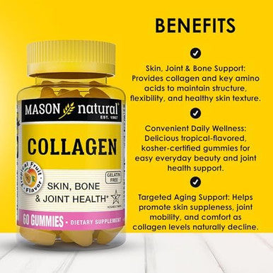 Mason Natural Collagen Gummies Supports Healthy Skin Bones & Joints Tropical Flavor Kosher 60 Gummies