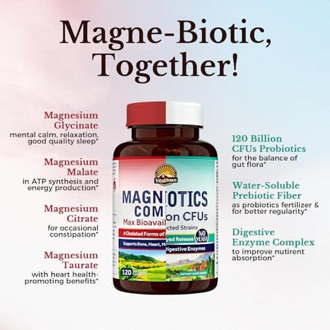 Vitalitown Magnesium + Probiotic Bundle (Pack Of 2) Magnesium Complex (Item 1) & Probiotics 120 Billion Cfus (Item 2) 120 Magnesium Capsules & 30 Probiotic Capsules