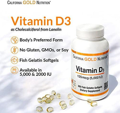 California Gold Nutrition Vitamin D3 125 Mcg (5000 Iu) 360 Fish Gelatin Softgels 5 Pack