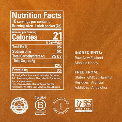 Manukora Raw Manuka Honey, MGO 200+, New Zealand Honey, Non-GMO, Traceable from Hive to Hand, Daily Wellness Support - 7g (0.25 Oz), 50 Sticks