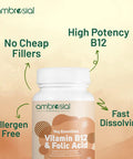 Ambrosial Ambrosial Vitamin B12 1000 mcg + 500 mcg Folic Acid | 1500 mcg | Folic Acid | Reduction of Tiredness & Fatigue | B12 Supplement | Immune System Energy & Brain Support (Pack of 1-60 Capsules)