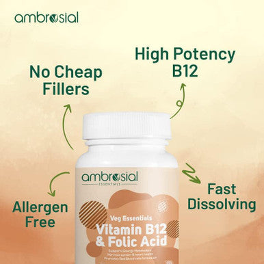 Ambrosial Ambrosial Vitamin B12 1000 mcg + 500 mcg Folic Acid | 1500 mcg | Folic Acid | Reduction of Tiredness & Fatigue | B12 Supplement | Immune System Energy & Brain Support (Pack of 1-60 Capsules)
