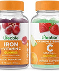 Lifeable Iron With Vitamin C + Vitamin C 1050Mg Gummies Bundle Great Tasting Vitamin Supplement Gluten Gmo Chewable Gummy
